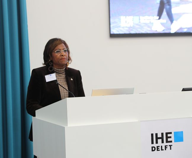 Minister Plenipotentiary Sint Maarten Hon. Drs. Gracita R. Arrindell giving the opening remarks at the IHE Delft Institute for Water Education.