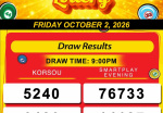 Robbie's Lottery Results for Friday, October 02, 2026